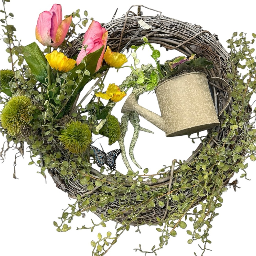 Spring Floral Wreath with Watering Can